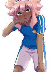 Rule 34 | 1boy, androgynous, blush, dark-skinned male, dark skin, goggles, goggles on head, highres, inazuma eleven, inazuma eleven (series), long hair, male focus, open mouth, pink hair, shiroabe, simple background, soccer uniform, solo, sportswear, sweat, tsunami jousuke, white background