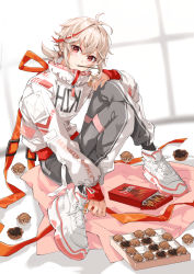 Rule 34 | 1boy, absurdres, alternate costume, candy, chocolate, clothes writing, fashion, food, food in mouth, full body, genshin impact, grey hair, hair between eyes, highres, jacket, kaedehara kazuha, long sleeves, male focus, mouth hold, multicolored hair, pants, pocky, pocky in mouth, ponytail, red eyes, red hair, shoes, sitting, sneakers, solo, yuitonoel