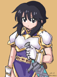 Rule 34 | 1girl, absurdres, armor, baconsketches, black hair, blush, breastplate, earrings, fire emblem, fire emblem: genealogy of the holy war, gloves, highres, holding, holding sword, holding weapon, jewelry, larcei (fire emblem), looking at viewer, nintendo, purple tunic, sheath, sheathed, short hair, shoulder armor, sidelocks, simple background, solo, sword, tunic, weapon