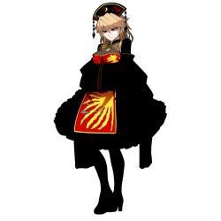 Rule 34 | &gt;:), 1girl, adapted costume, black dress, blonde hair, chinese clothes, closed mouth, crescent, dress, full body, hands in opposite sleeves, hat, high heels, highres, junko (touhou), kikoka (mizuumi), long hair, long sleeves, looking away, pale skin, pantyhose, red eyes, sash, simple background, smile, solo, standing, tabard, touhou, tsurime, v-shaped eyebrows, white background, wide sleeves