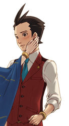Rule 34 | 1boy, ace attorney, apollo justice, apollo justice: ace attorney, blue necktie, blush, brown eyes, brown hair, capcom, jewelry, kobashi, lamiroir (ace attorney), male focus, necktie, red theme, sleeves rolled up, spoilers, vest
