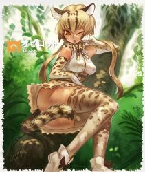 Rule 34 | 10s, 1girl, 2017, animal ears, animal print, artist name, ass, bare shoulders, blonde hair, bow, bow legwear, bowtie, breasts, brown dress, brown gloves, cat ears, cat tail, dated, dress, elbow gloves, forest, gloves, hair between eyes, hand up, high-waist skirt, highres, in tree, japari symbol, kemono friends, leaf, legs together, long hair, looking at viewer, lying, medium breasts, miniskirt, nature, no panties, ocelot (kemono friends), ocelot print, on side, one eye closed, open mouth, outdoors, paw pose, plant, print thighhighs, sayukino, shirt, shoes, short dress, sitting, sitting in tree, skirt, sleeveless, sleeveless shirt, solo, tail, tail censor, thighhighs, tree, white footwear, white gloves, white shirt, yellow eyes