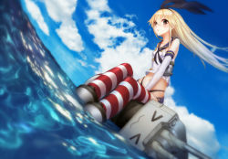 Rule 34 | &gt; &lt;, 10s, 1girl, blonde hair, blush, brown eyes, closed eyes, elbow gloves, gloves, hairband, kantai collection, long hair, looking at viewer, navel, ocean, personification, rensouhou-chan, shimakaze (kancolle), sitting, skirt, soaking feet, socks, striped clothes, striped thighhighs, thighhighs, water, white gloves, yilan