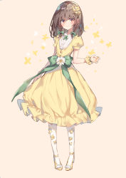 Rule 34 | 1girl, absurdres, blush, bow, brown background, brown eyes, brown hair, center frills, closed mouth, collared shirt, commentary request, dress, fingernails, frills, full body, green bow, hair between eyes, hair bow, high heels, highres, long hair, looking at viewer, makiaato, nail polish, original, pantyhose, pigeon-toed, puffy short sleeves, puffy sleeves, shirt, short sleeves, sketch, smile, solo, standing, white pantyhose, white shirt, wrist cuffs, yellow dress, yellow nails, yellow shirt