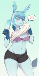 Rule 34 | 1girl, absurdres, animal ears, animal nose, aqua background, bike shorts, blue eyes, blue hair, blush, bra, breasts, cleavage, closed mouth, collarbone, cowboy shot, creatures (company), embarrassed, female focus, food, furry, furry female, game freak, gen 4 pokemon, glaceon, gradient background, groin, hands up, highres, holding, holding food, lifting own clothes, looking at viewer, matching hair/eyes, navel, nintendo, personification, pokemon, pokemon (creature), popsicle, purple bra, shano (shano 541), shiny skin, shirt, short sleeves, sidelocks, simple background, skin tight, solo, speech bubble, spoken blush, standing, stomach, tail, underwear, wavy hair, white shirt