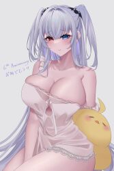 Rule 34 | 1girl, absurdres, azur lane, bare shoulders, blue eyes, breasts, cleavage, commentary request, dress, elbing (azur lane), grey background, heterochromia, highres, large breasts, long hair, looking at viewer, manjuu (azur lane), microdress, nanako94418108, red eyes, simple background, sitting, smile, solo, thighs, two side up, very long hair, white dress