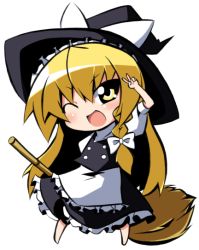 Rule 34 | 1girl, bad id, bad pixiv id, blonde hair, braid, broom, chibi, female focus, full body, hair ribbon, hat, kirisame marisa, long hair, one eye closed, open mouth, ribbon, shun ss, simple background, smile, solo, touhou, v, white background, wink, witch, witch hat, yellow eyes