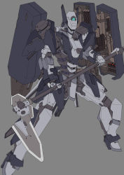 Rule 34 | assault rifle, ayato mabu, fighting stance, grey background, gun, holding, holding scythe, knife, looking down, mecha, no humans, original, rifle, robot, science fiction, scythe, solo, standing, visor, weapon, weapon case