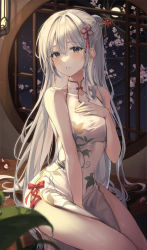 Rule 34 | 1girl, absurdres, blush, bow, branch, breasts, cherry blossoms, china dress, chinese clothes, crying, crying with eyes open, dress, ekina (1217), floral print, flower, grey eyes, hair bun, hair flower, hair ornament, hair ribbon, halterneck, hand on own chest, highres, indoors, leaf, long hair, looking at viewer, medium breasts, no panties, original, parted lips, pelvic curtain, petals, red bow, red ribbon, ribbon, side slit, silver hair, single hair bun, sitting, sleeveless, sleeveless dress, solo, tears, thighs, tree, very long hair, white dress, white hair, window