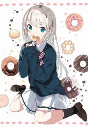 Rule 34 | 1girl, ahoge, black socks, blue sweater, blush, brown footwear, closed mouth, collared shirt, commentary, doughnut, dress shirt, food, food in mouth, full body, green eyes, grey hair, hands up, highres, loafers, long hair, long sleeves, mouth hold, original, pleated skirt, school uniform, shirt, shoes, sitting, skirt, sleeves past wrists, socks, solo, sweater, symbol-only commentary, tantan men (dragon), very long hair, wariza, white background, white shirt, white skirt