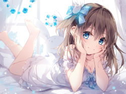 Rule 34 | 1girl, arm support, barefoot, bed sheet, blue eyes, blue flower, blue ribbon, blush, breasts, brown hair, cleavage, closed mouth, commentary request, curtains, detached sleeves, dress, flower, hair between eyes, hair ornament, legs up, long hair, looking at viewer, lying, medium breasts, mochizuki shiina, on stomach, original, puffy short sleeves, puffy sleeves, rabbit hair ornament, ribbon, short sleeves, sleeveless, sleeveless dress, smile, soles, solo, strap slip, stuffed animal, stuffed rabbit, stuffed toy, transparent, white dress, white sleeves, window