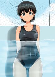 Rule 34 | 1girl, arms behind back, black eyes, black hair, black one-piece swimsuit, breasts, chain-link fence, collarbone, commentary request, cowboy shot, fence, haida katsuretsu, highres, looking at viewer, medium breasts, new school swimsuit, one-piece swimsuit, original, partially submerged, school swimsuit, short hair, solo, swimsuit, water