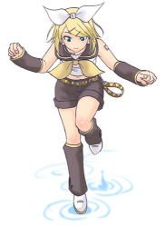 Rule 34 | 1girl, arm warmers, belt, black shorts, blonde hair, blouse, blue eyes, bow, closed mouth, full body, hair bow, hair ornament, hairclip, headphones, kagamine rin, leaning forward, leg warmers, lowres, microphone, minarai zouhyou, outstretched arms, ribbon, ripples, sailor collar, shirt, short hair, shorts, sleeveless, smile, solo, swept bangs, tattoo, vocaloid, walking, walking on liquid, water, white bow, white shirt, yellow ribbon