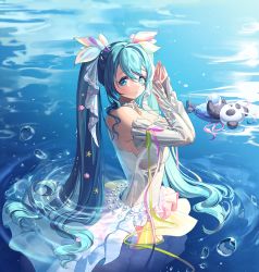 Rule 34 | 1girl, :3, absurdres, ahoge, animal, aqua eyes, aqua hair, breasts, bubble, choker, closed mouth, commentary request, detached sleeves, dot nose, dress, forehead, frilled choker, frilled skirt, frills, gem, green ribbon, hair ornament, hair ribbon, hatsune miku, highres, large breasts, long hair, looking at viewer, madaeng, mermaid, miku with you (vocaloid), monster girl, ocean, outdoors, own hands together, panda, pearl (gemstone), pink ribbon, ribbon, scales, shadow, shell hair ornament, skirt, smile, solo, star (symbol), strapless, strapless dress, twintails, very long hair, vocaloid, wading, white dress, white sleeves