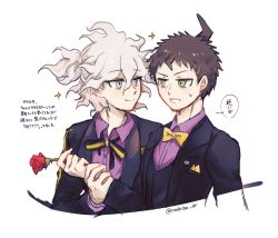 Rule 34 | 2boys, alternate costume, black bow, black bowtie, black jacket, black vest, bow, bowtie, brown eyes, brown hair, clenched teeth, danganronpa (series), danganronpa 2: goodbye despair, flower, highres, hinata hajime, holding, holding another&#039;s wrist, holding flower, jacket, komaeda nagito, looking at another, male focus, multicolored bowtie, multiple boys, pink shirt, rose, shirt, short hair, simple background, smile, sparkle, sweat, teeth, tetose, translation request, two-tone bowtie, upper body, vest, white background, yellow bow, yellow bowtie