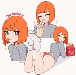 Rule 34 | 1girl, :3, = =, absurdres, artist name, ass, blunt bangs, bob cut, bright pupils, commentary, cremanata, cup, disposable cup, english commentary, feet up, food, food in mouth, french fries, grey sweater, highres, holding, holding cup, long sleeves, looking at viewer, lying, mcdonald&#039;s, mother (yoru mac), multiple views, no shoes, on stomach, one eye closed, orange hair, panties, product girl, red panties, short hair, simple background, smile, socks, sweater, the pose, thighs, underwear, white background, white pupils, white socks, wink, yoru mac