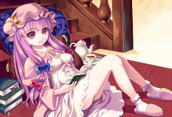 Rule 34 | 1girl, bad id, bad pixiv id, book, bow, crescent, crescent hair ornament, cup, gorota, hair bow, hair ornament, hat, long hair, patchouli knowledge, purple eyes, purple hair, sitting, slippers, solo, tea, teacup, teapot, touhou, very long hair