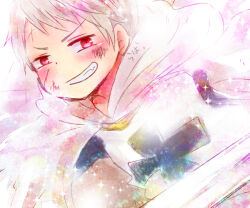 Rule 34 | 1boy, albino, axis powers hetalia, blush, cape, cross, grin, looking at viewer, male focus, prussia (hetalia), rbht, red eyes, scar, scar on face, smile, smug, teeth, teutonic knight, white cape, white hair