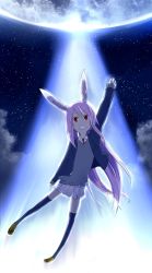 Rule 34 | 1girl, animal ears, bad id, bad pixiv id, black thighhighs, bow, cloud, female focus, full body, full moon, glowing, hair bow, jacket, legs, long hair, moon, necktie, night, night sky, open mouth, outdoors, outstretched hand, purple hair, rabbit ears, red eyes, reisen udongein inaba, shirt, shoes, skirt, sky, solo, thighhighs, touhou, white shirt, yuu (yu1you2iu3)