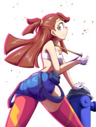 Rule 34 | 1girl, aina ardebit, aina ardebit (cosplay), ass, bare shoulders, brown hair, company connection, cosplay, crossover, denim, denim shorts, fire hydrant, from behind, gloves, highres, kagari atsuko, little witch academia, long hair, looking back, mmtsumuri, pouch, promare, red eyes, short ponytail, short shorts, shorts, smile, solo, strapless, thighhighs, tube top, white background, white gloves
