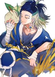 Rule 34 | 1boy, adaman (pokemon), affectionate, arm wrap, black robe, blue coat, blue hair, blush, closed mouth, coat, collar, collarbone, commentary request, creatures (company), cuddling, earrings, eyebrow cut, game freak, gen 4 pokemon, green hair, half-closed eyes, hand up, jewelry, leafeon, male focus, multicolored hair, neck ring, nintendo, pokemon, pokemon (creature), pokemon legends: arceus, robe, sitting, smile, suou (sdurorhr), wheat, white background, wrist wrap