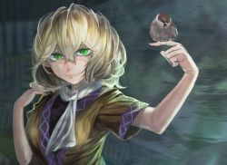 Rule 34 | 1girl, animal, bird, bird on hand, black shirt, blonde hair, breasts, brown jacket, closed mouth, commentary request, eurasian tree sparrow, green eyes, hair between eyes, holding, holding animal, holding bird, jacket, looking at viewer, medium breasts, medium hair, mizuhashi parsee, scarf, shirt, short sleeves, smile, solo, sparrow, touhou, upper body, white scarf, zeikomi