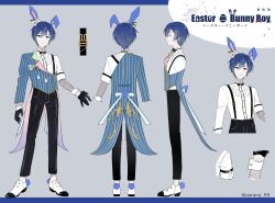 Rule 34 | 1boy, animal ears, arm at side, back, black bow, black bowtie, black gloves, black pants, blue eyes, blue hair, bow, bowtie, buttons, closed eyes, closed mouth, commentary request, cowboy shot, flower, full body, gloves, highres, kaito (vocaloid), lapels, looking at viewer, male focus, multiple views, notched lapels, pants, parang 99, project sekai, rabbit ears, rabbit tail, shirt, standing, suspenders, tail, tailcoat, twitter username, vocaloid, white flower, white shirt