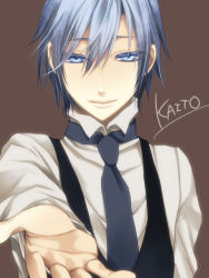 Rule 34 | 1boy, bad id, bad pixiv id, blue eyes, blue hair, foreshortening, formal, gloves, kaito (vocaloid), macco, male focus, matching hair/eyes, necktie, simple background, smile, solo, vocaloid