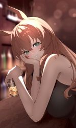 Rule 34 | :d, animal ears, bar (place), bare arms, bare shoulders, blush, breasts, brown hair, cup, drink, drinking glass, green eyes, grin, hand on own cheek, hand on own face, highres, holding, holding cup, horse ears, ice, ice cube, indoors, iwashi 111, large breasts, long hair, maruzensky (umamusume), open mouth, parted lips, sleeveless, smile, umamusume, upper body