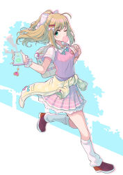Rule 34 | 1girl, absurdres, bag, bow, blowing bubbles, cellphone, chewing gum, clothes around waist, commentary, frilled skirt, frills, green eyes, hair bow, highres, holding, holding phone, idolmaster, idolmaster cinderella girls, jacket, jacket around waist, light blush, light brown hair, looking at viewer, loose socks, mmmx (fittails), one eye closed, phone, pink skirt, pink vest, red footwear, sato shin, school bag, shirt, shoes, short ponytail, short sleeves, skirt, smartphone, socks, solo, sweater vest, symbol-only commentary, vest, white shirt, white socks