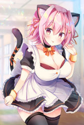 Rule 34 | 1girl, :p, alternate costume, animal ears, apron, bad id, bad pixiv id, bell, black skirt, black thighhighs, blush, bra, breasts, cat ears, cat tail, cleavage, collar, commentary request, cuffs, enmaided, hair ribbon, hand up, highres, jingle bell, kantai collection, large breasts, maid, maid apron, masayo (gin no ame), nail polish, pink eyes, pink hair, pink nails, revision, ribbon, short hair, short sleeves, skirt, skirt hold, solo, tail, tama (kancolle), thighhighs, tongue, tongue out, underwear, window, wrist cuffs, zettai ryouiki