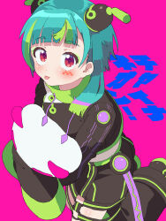 Rule 34 | 1girl, black jacket, black shorts, blue hair, blunt bangs, blush, chinese clothes, commentary request, eyeshadow, facial mark, green eyeshadow, green hair, high collar, highres, jacket, long sleeves, looking at viewer, makeup, midriff, multicolored hair, omega auru, omega auru (primagista), pink eyes, pretty series, shorts, simple background, sleeves past fingers, sleeves past wrists, smile, solo, standing, standing on one leg, streaked hair, tongue, tongue out, tsujii luki, waccha primagi!
