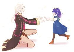 2girls aged_down bad_id bad_twitter_id black_robe blue_dress blue_hair blush boots brown_boots brown_eyes child closed_eyes collared_dress crying dress facing_another fire_emblem fire_emblem_awakening from_behind highres iiekahp imminent_hug jewelry kneeling long_hair long_sleeves looking_at_another lucina_(fire_emblem) medium_hair mother_and_daughter multiple_girls nintendo pants ring robe robin_(female)_(fire_emblem) robin_(fire_emblem) running short_sleeves sidelocks simple_background tears tiara twintails wedding_ring white_background white_hair white_pants