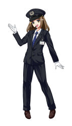 Rule 34 | 1girl, :d, black jacket, black pants, blue necktie, brown footwear, brown hair, collared shirt, commentary request, employee uniform, full body, gloves, hair ornament, hairclip, hat, highres, jacket, kozono satoshi, long hair, name tag, necktie, official art, open mouth, pants, peaked cap, sanyo bus, shirt, simple background, smile, solo, tachi-e, tarumi shimizu, uniform, white background, white gloves, white shirt