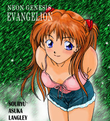 Rule 34 | 1girl, bare arms, bare shoulders, blue eyes, breasts, character name, copyright name, cutoffs, denim, denim shorts, facing viewer, interface headset, leaning forward, legs together, light blush, light smile, looking at viewer, medium breasts, neon genesis evangelion, no bra, pink shirt, pink tank top, red hair, shirt, shorts, solo, souryuu asuka langley, tank top, two side up