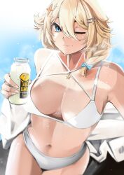 Rule 34 | 1girl, absurdres, bare shoulders, bikini, blonde hair, blue bow, blue eyes, blurry, bottle, bow, breasts, breasts apart, closed mouth, cropped legs, depth of field, hair between eyes, hair bow, hair ornament, hairclip, highres, holding, holding bottle, jewelry, kaneko lumi, large breasts, lemonade, looking at viewer, navel, outdoors, phase connect, pupi (rain prophet), solo, swimsuit, virtual youtuber, white bikini