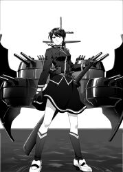 Rule 34 | 1girl, absurdres, breasts, cannon, commentary request, female admiral (kancolle), gloves, greyscale, highres, kana haruki, kantai collection, mast, medium breasts, medium skirt, monochrome, nakama saori, ponytail, ripples, serious, sheath, skirt, solo, standing, standing on liquid, sword, weapon