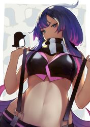 Rule 34 | 1girl, ahoge, black scarf, black shorts, blue eyes, blue hair, blush, border, borrowed character, breasts, cleavage, closed mouth, commentary, cowboy shot, crop top, eyelashes, grey background, long hair, looking at viewer, medium breasts, midriff, multicolored hair, navel, nido celisius, original, patterned background, pink hair, scarf, shorts, simple background, sleeveless, solo, streaked hair, striped clothes, striped scarf, suspender shorts, suspenders, transparent border, two-tone hair, vertical stripes, white scarf