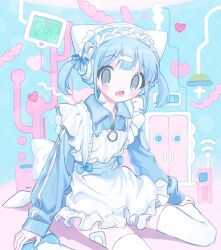 Rule 34 | 1girl, animal hat, apron, bandaid, bandaid on leg, blue background, blue bow, blue footwear, blue hair, blue jacket, bow, cardiogram, cat hat, cellphone, commentary request, frilled apron, frills, hair bow, hairband, hat, headphones, jacket, jersey maid, korean commentary, lolita hairband, long sleeves, looking at viewer, maid, olliuil 3, open mouth, original, phone, shoes, sitting, solo, thighhighs, track jacket, twintails, unconventional maid, wariza, white apron, white thighhighs