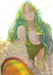Rule 34 | 1girl, breasts, cleavage, closed eyes, clothes writing, donquixote pirates, feathered wings, green hair, harpy, jippei, long hair, monet (one piece), monster girl, one piece, patterned legwear, punk hazard, solo, striped legwear, winged arms, wings