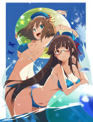 Rule 34 | 2girls, :d, aircraft, airplane, alternate costume, arms up, ass, ball, beachball, bent over, bikini, black hair, blue bikini, blue eyes, blue sky, blush, breasts, brown hair, choukai (kancolle), cleavage, cloud, collarbone, day, glasses, hair ornament, hat, highres, in water, kantai collection, large breasts, long hair, looking at viewer, maya (kancolle), merican sack, multi-strapped bikini, multiple girls, navel, open mouth, outdoors, red eyes, remodel (kantai collection), rimless eyewear, short hair, sidelocks, sky, smile, sparkle, standing, stomach, swimsuit, thighs, wading, x hair ornament
