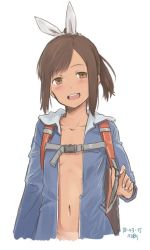 Rule 34 | 1girl, artist name, backpack, bag, blue jacket, brown eyes, brown hair, dated, flat chest, hair ribbon, i-401 (kancolle), jacket, kantai collection, kawashina (momen silicon), navel, no bra, open clothes, open jacket, open mouth, ponytail, ribbon, short hair, short ponytail, simple background, smile, solo, teeth, upper body, upper teeth only, white background, white ribbon