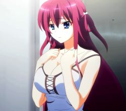Rule 34 | 10s, 1girl, blue eyes, breasts, cleavage, female focus, grisaia (series), grisaia no kajitsu, highres, large breasts, long hair, red hair, sad, solo, standing, stitched, suou amane, third-party edit