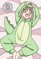 Rule 34 | 1girl, :d, = =, arms up, barefoot, blush stickers, commentary request, dinosaur costume, fang, hood, hood up, light brown hair, lying, nekotoufu, official art, oka asahi, on back, onesie, onii-chan wa oshimai!, open mouth, skin fang, smile, solo, spoken number