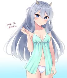 Rule 34 | 1girl, ame-san, babydoll, blue babydoll, blue background, blue eyes, commentary request, fake horns, gradient background, grey hair, hair rings, headgear, highres, horned headwear, horns, i-203 (kancolle), kantai collection, long hair, one-hour drawing challenge, panties, sidelocks, solo, underwear, underwear only, white panties