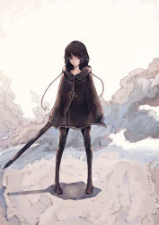 Rule 34 | 1girl, bad id, bad pixiv id, black footwear, black hair, boots, capelet, expressionless, full body, hair ornament, high heel boots, high heels, highres, holding, holding sword, holding weapon, looking at viewer, original, pigeon-toed, pip (red juice1869), purple eyes, solo, standing, swept bangs, sword, thigh boots, thighhighs, tsurime, weapon, x hair ornament