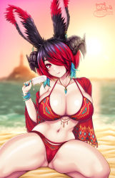 Rule 34 | 1girl, animal ears, warrior of light (ff14), beach, bikini, black hair, blurry, blurry background, blush, bracelet, breasts, demon horns, feather hair ornament, feathers, final fantasy, final fantasy xiv, food, hair ornament, hair over one eye, highres, horns, huge breasts, jacket, jewelry, kneeling, looking at viewer, mole, mole under mouth, multicolored hair, nail polish, navel, open clothes, open jacket, outdoors, pendant, popsicle, rabbit ears, red bikini, red eyes, sevie, short hair, solo, suco (sevie), sunset, swimsuit, thighs, two-tone hair, viera