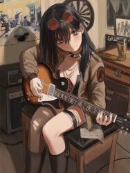 Rule 34 | 1girl, absurdres, black footwear, black hair, black shirt, blush, boots, breasts, brown jacket, brown thighhighs, cleavage, cleavage cutout, closed mouth, clothing cutout, collar, collarbone, dartboard, electric guitar, eyewear on head, feet out of frame, frown, furrowed brow, gibson les paul, glass, gold can, grey eyes, guitar, highres, holding, holding instrument, indoors, instrument, jacket, jewelry, long sleeves, looking at viewer, looking down, medium breasts, necklace, oasis (band), open clothes, open jacket, original, paper, poster (object), red-tinted eyewear, shirt, single thighhigh, sitting, solo, speaker, spiked collar, spikes, thighhighs, thighlet, tinted eyewear