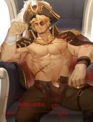 Rule 34 | 1boy, abs, amaimochi, bara, bara pirate, bare pectorals, biceps, blonde hair, coat, coat on shoulders, commission, eyepatch, facial hair, goatee stubble, hat, highres, large pectorals, leather, leather pants, looking at viewer, male focus, male underwear, male underwear peek, mature male, muscular, muscular male, navel, nipples, original, pants, pectorals, penis, penis peek, pirate, pirate hat, red eyes, scar, scar on arm, scar on chest, scar on stomach, short hair, sideburns, sitting, solo, spread legs, stomach, strongman waist, stubble, thick eyebrows, thick thighs, thighs, underwear