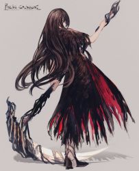 Rule 34 | 1girl, back, bandaged leg, bandages, black hair, english text, film grain, full body, grey background, highres, holding, holding scythe, holding weapon, long hair, momokumo, original, scythe, shadow, sketch, solo, standing, torn clothes, weapon